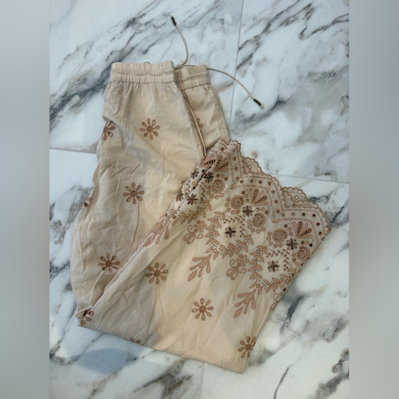 Zara Embroidered Floral Wide-Leg Pants Boho Scalloped Hem S - Picture 10 of 13